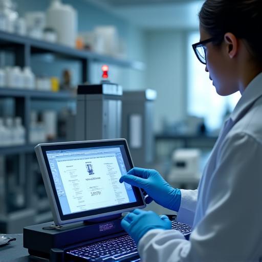 Tecnico di laboratorio che analizza un campione di pigmento.