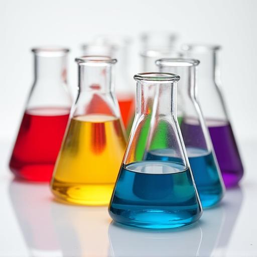 Pigmenti liquidi di vari colori in becher di laboratorio.