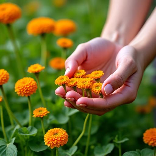 Mani che raccolgono delicatamente fiori di calendula.
